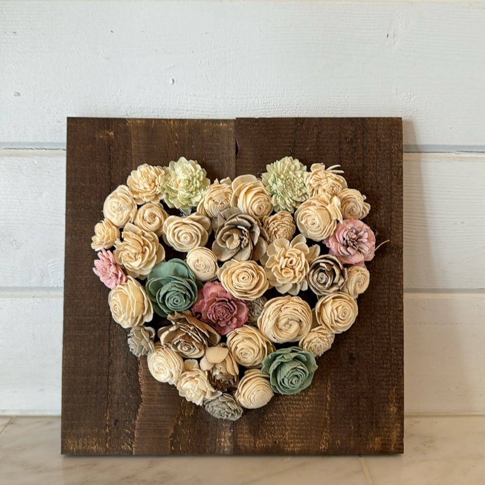 Hand Crafted Cream, Pink, Green Floral Heart Wall Art